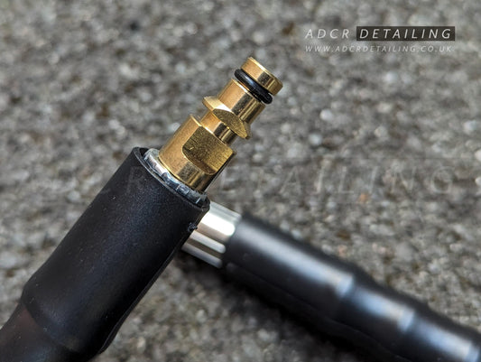 Close up of connector on 10m Pressure Washer Black Hose, Compatible with Karcher K Series. Detailing upgrade