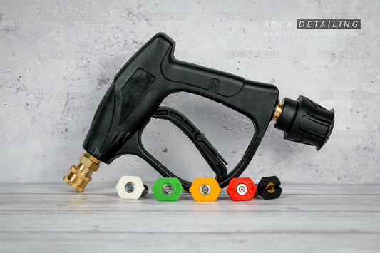 ADCR Detailing Classic Short Trigger Stubby Gun, Quick Release Nozzles compatible with Nilfisk C E D P series pressure washers.