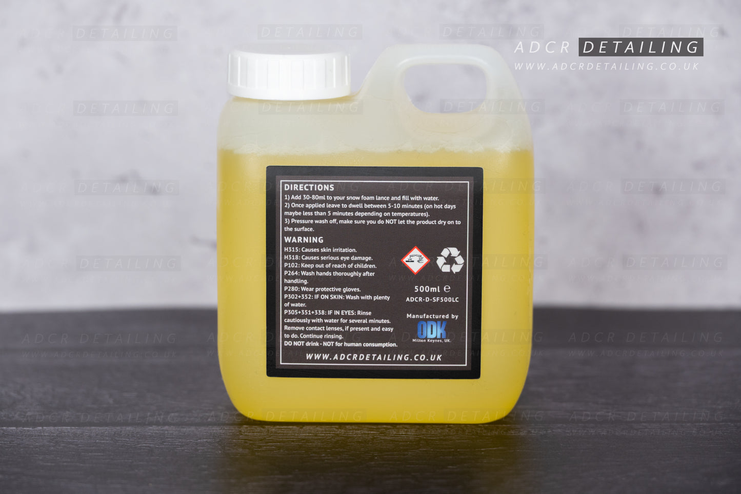 ADCR Detailing pH Neutral Pre-Wash Snow Foam Lemon Cola Inspired Scent. Yellow. Pre-wash your car, helping to reduce swirls and scratches by removing road traffic dirt and grit, before contact washing.