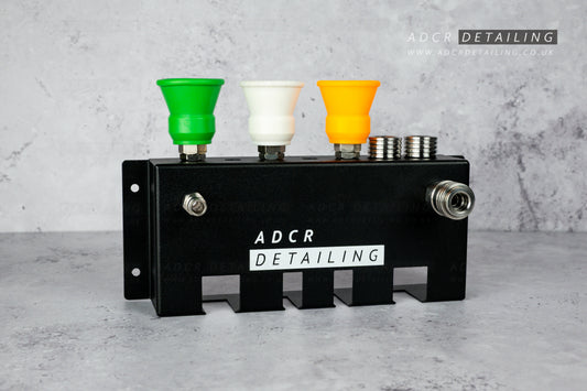 Short Trigger Stubby Gun & Snow Foam Cannon Wall Mount Holder. Including quick release nozzles and extension bars storage. Stainless steel and powder coated metal. Perfect for garages, sheds and vans.