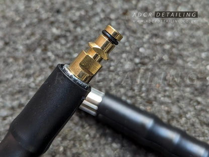 Close up of connector on 10m Pressure Washer Black Hose, Compatible with Karcher K Series. Detailing upgrade