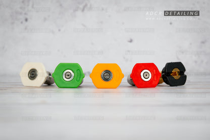 Five colour-coded spray nozzles for car detailing pressure washer guns.