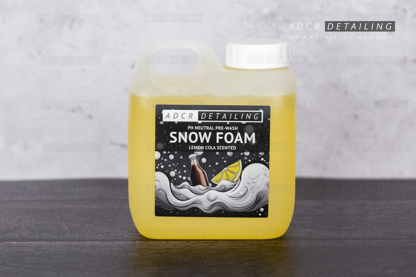ADCR Detailing pH Neutral Pre-Wash Snow Foam Lemon Cola Inspired Scent. Yellow. Pre-wash your car, helping to reduce swirls and scratches by removing road traffic dirt and grit, before contact washing.