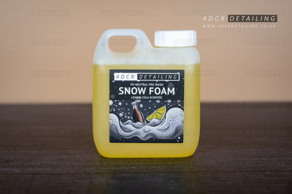 ADCR Detailing pH Neutral Pre-Wash Snow Foam Lemon Cola Inspired Scent. Yellow. Pre-wash your car, helping to reduce swirls and scratches by removing road traffic dirt and grit, before contact washing.