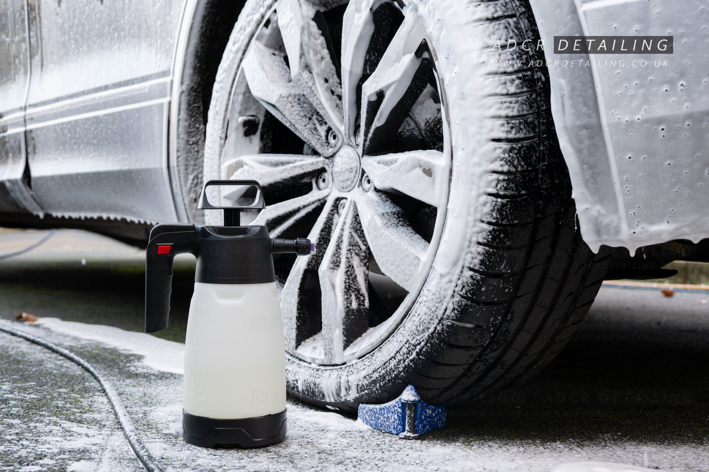 IK Foam Pro 2 Foam Spray Bottle for Detailing, Next to Snow Foamed Wheel. ADCR Detailing. Pre-washing car wheels safely.