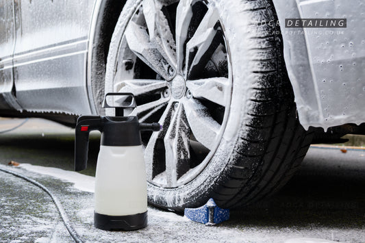 IK Foam Pro 2 Foam Spray Bottle for Detailing, Next to Snow Foamed Wheel. ADCR Detailing. Pre-washing car wheels safely.