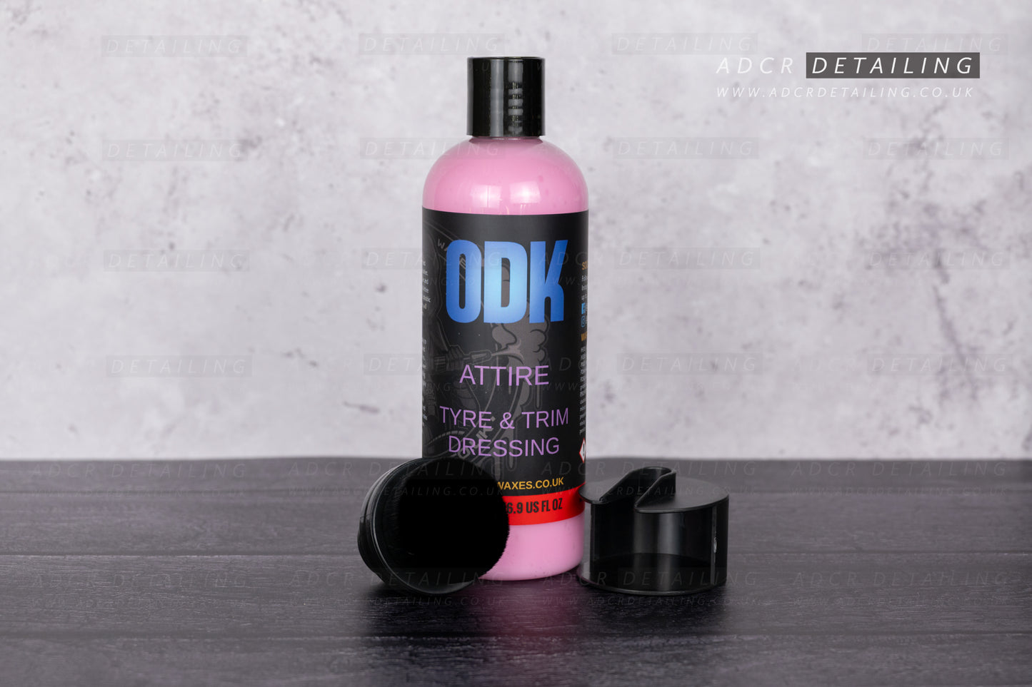 Detailing kit for tyre and exterior plastic trim dressing. Includes ODK Attire V2 and premium tyre and trim dressing applicator brush in a holder.