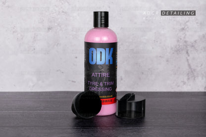 Detailing kit for tyre and exterior plastic trim dressing. Includes ODK Attire V2 and premium tyre and trim dressing applicator brush in a holder.