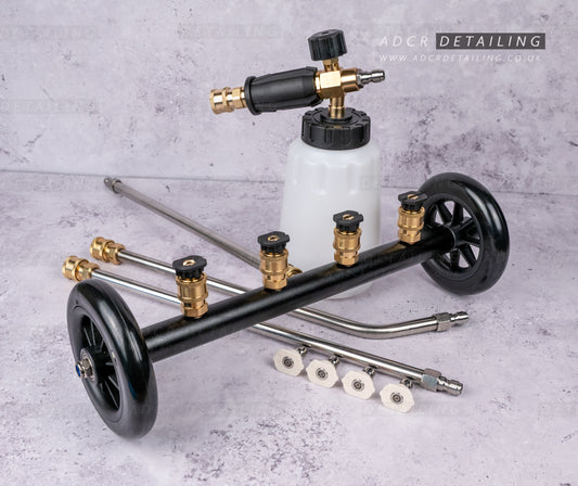 Undercarriage Chassis Foam Cleaner for Detailing with foam cannon and interchangeable nozzles for snow foam and rinsing the undercarriage of your car. Remove salt and dirt with ease and protect your chassis.